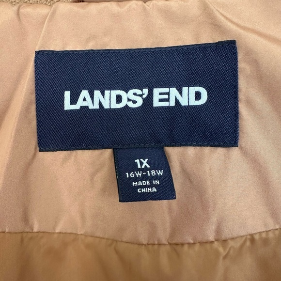 Lands End Down Puffer Parka Jacket with Faux Fur Hood Mid Thigh Tan Size 1X - Picture 14 of 15
